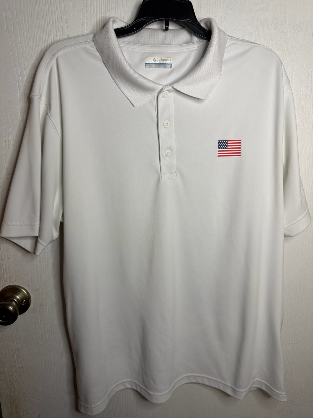 Columbia White Polo with Small American Flag Patch
